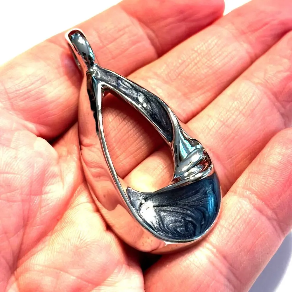 Lia Sophia oval shape silver pendant teardrop with gray swirl enamel details